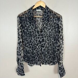 BCBG Paris Blouse Top Gray Black Leopard VTG‎  Sheer Button Up Shirt Womens L